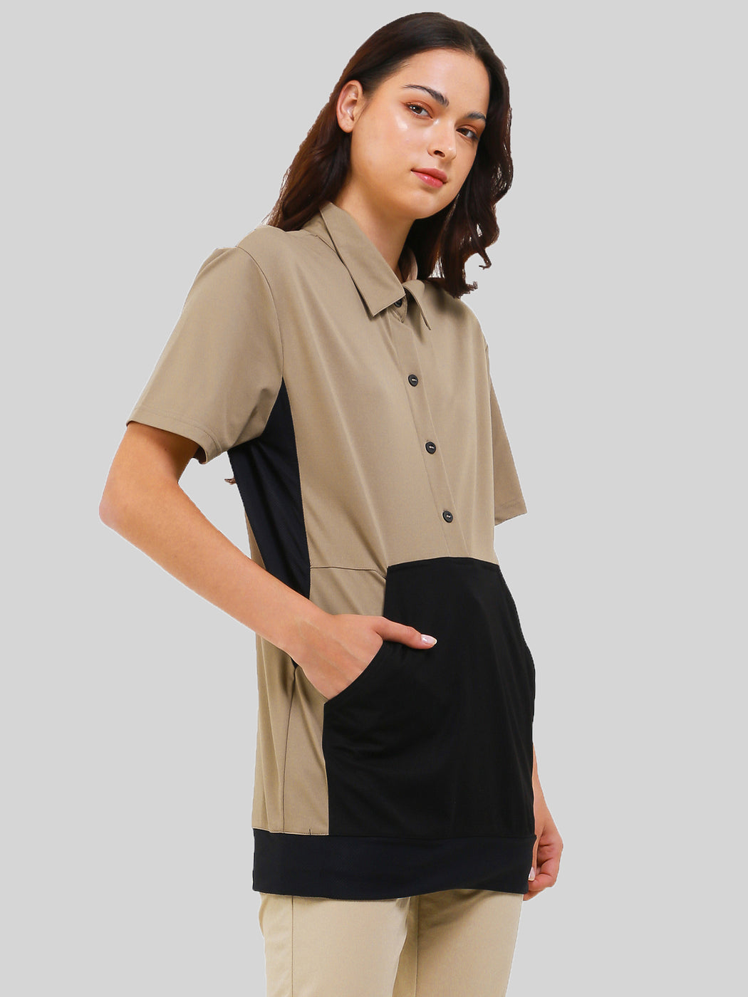 Unisex Front Pocket Utilitarian Shirt Female Beige